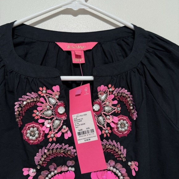 Lilly Pulitzer NWT Iva Onyx Black Sequin Embellished Tunic Blouse Size XXS - Picture 4 of 9